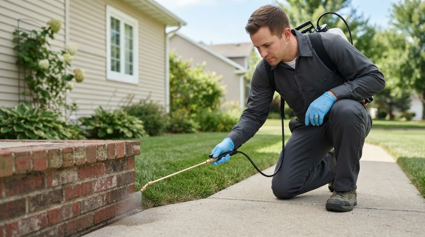 Pest control technician treating a home near Chisholm, MN
