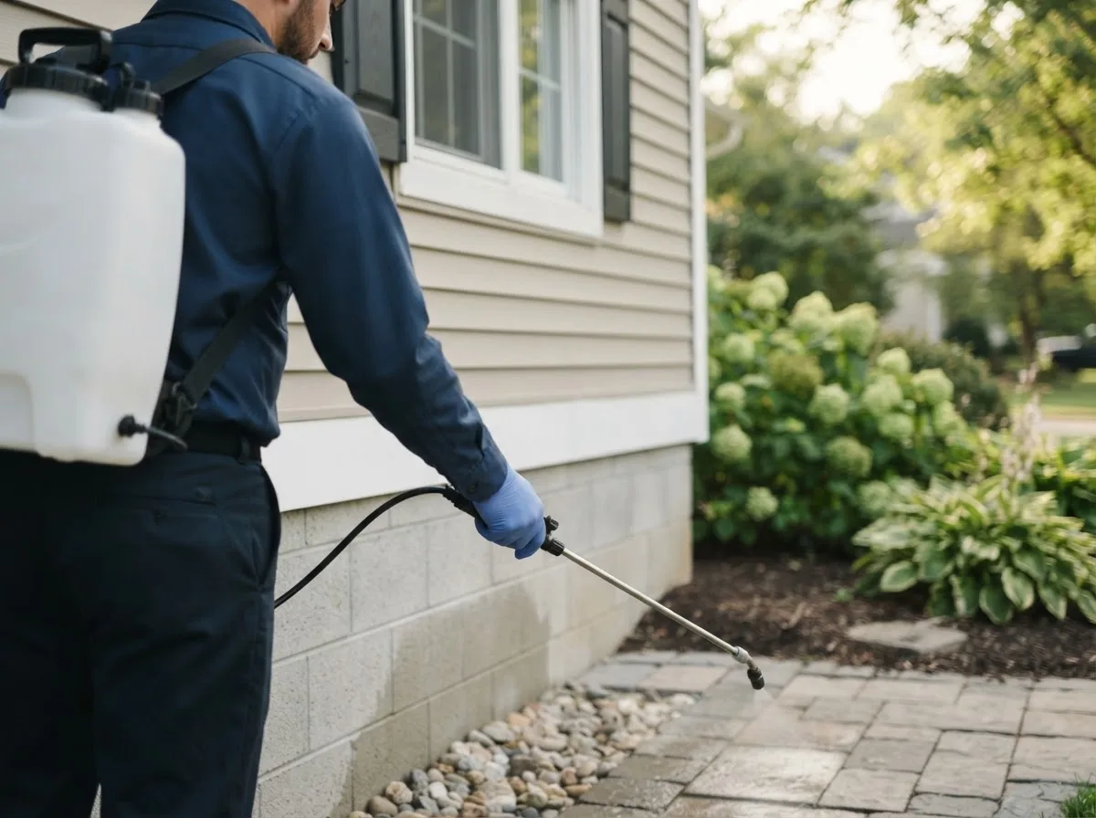 Pest control technician inspecting a home in Chisholm, MN